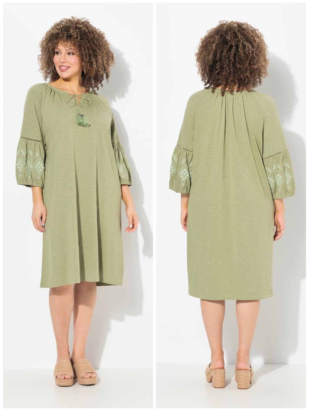 Ulla Popken Cotton Split Neck Embroidered Sleeve Jersey Dress